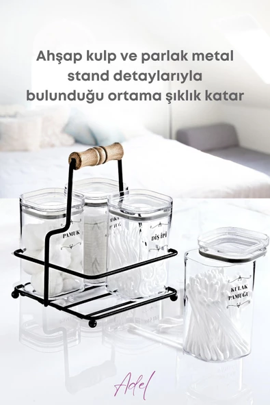 GRİMOR Life Metal Standlı 4 Lü Akrilik Kulak Pamuğu- Pamuk & Makyaj Pamuğu& Diş Ipi Organizeri- Etiket Hediyeli - 3