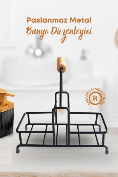 GRİMOR Life 2 Bölmeli Çok Amaçlı Ahşap Kulplu Metal Stand Banyo Düzenleyici Organizer