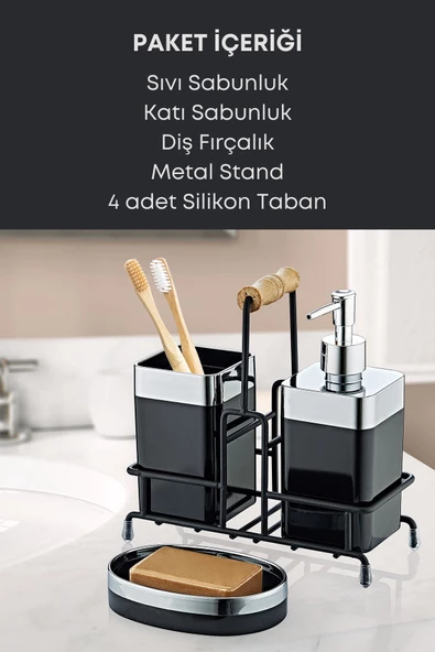 GRİMOR Life Metal Standlı Krom Detaylı Banyo Seti Siyah- Sıvı Sabunluk Katı Sabunluk Diş Fırçalık - 4