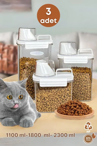 GRİMOR Life 3 Lü Sızdırmaz Depolama Kedi Köpek Mama Saklama Kabı- Ölçekli Erzak Saklama 1100 ml 1800 ml 2300 ml