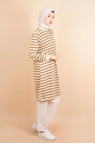 Yarım Fermuarlı Sweat Uzun Tesettür Çizgili Sweat Koyu Kahve - 2