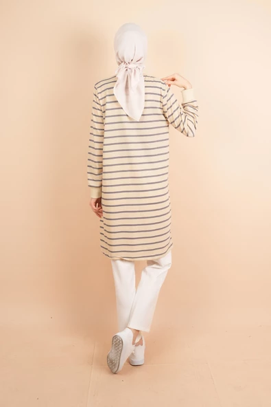 Yarım Fermuarlı Sweat Uzun Tesettür Çizgili Sweat Gri - 3