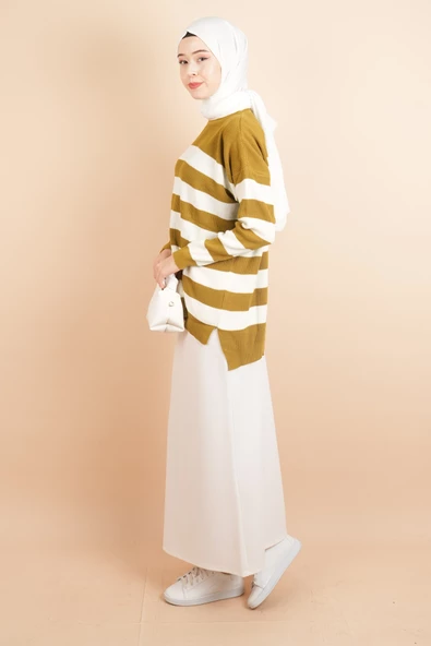 Bayan Tesettür Çizgili Prinç Örgü Kazak Yağ Yeşili - 3