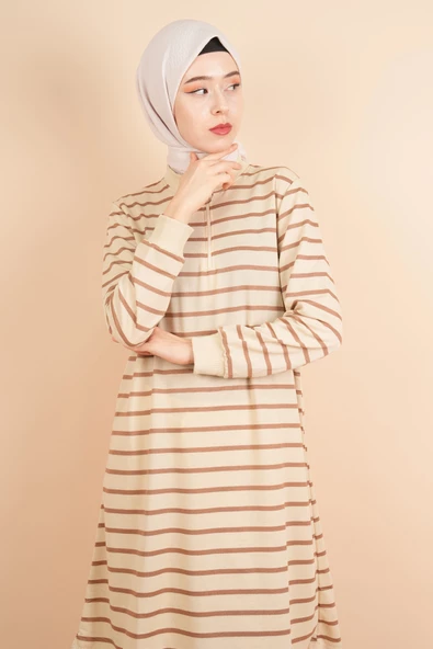 Yarım Fermuarlı Sweat Uzun Tesettür Çizgili Sweat Açık Kahve - 4