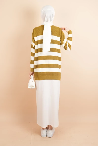 Bayan Tesettür Çizgili Prinç Örgü Kazak Yağ Yeşili - 4