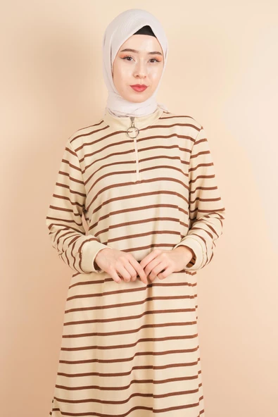 Yarım Fermuarlı Sweat Uzun Tesettür Çizgili Sweat Koyu Kahve - 4