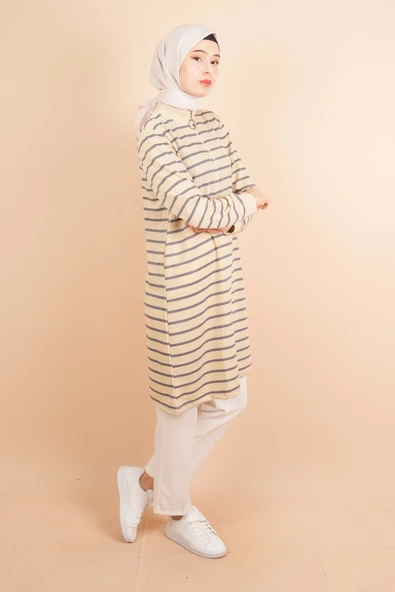 Yarım Fermuarlı Sweat Uzun Tesettür Çizgili Sweat Gri - 2