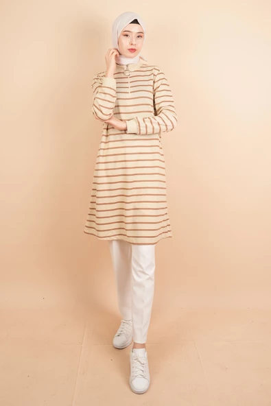Yarım Fermuarlı Sweat Uzun Tesettür Çizgili Sweat Açık Kahve