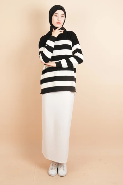 Bayan Tesettür Çizgili Prinç Örgü Kazak Siyah - 2