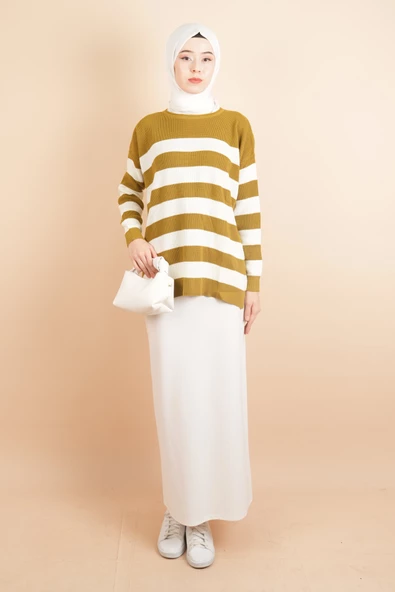 Bayan Tesettür Çizgili Prinç Örgü Kazak Yağ Yeşili - 2