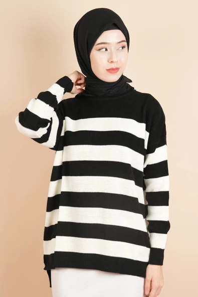 Bayan Tesettür Çizgili Prinç Örgü Kazak Siyah