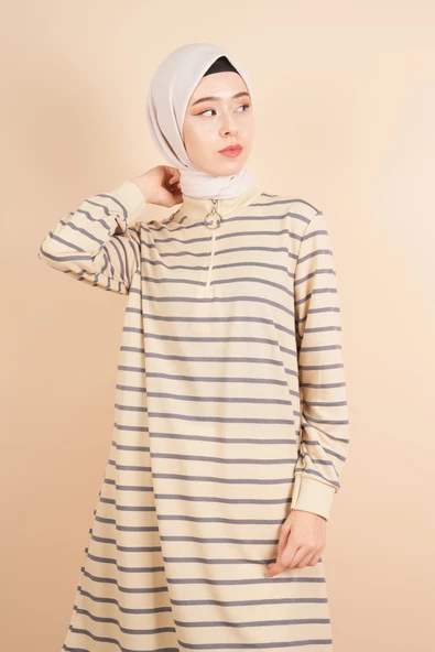 Yarım Fermuarlı Sweat Uzun Tesettür Çizgili Sweat Gri - 4