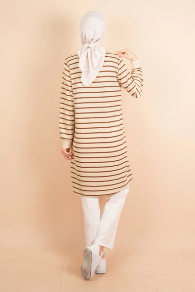 Yarım Fermuarlı Sweat Uzun Tesettür Çizgili Sweat Koyu Kahve - 3