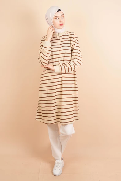 Yarım Fermuarlı Sweat Uzun Tesettür Çizgili Sweat Koyu Kahve