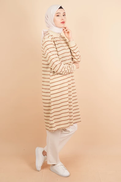 Yarım Fermuarlı Sweat Uzun Tesettür Çizgili Sweat Açık Kahve - 2