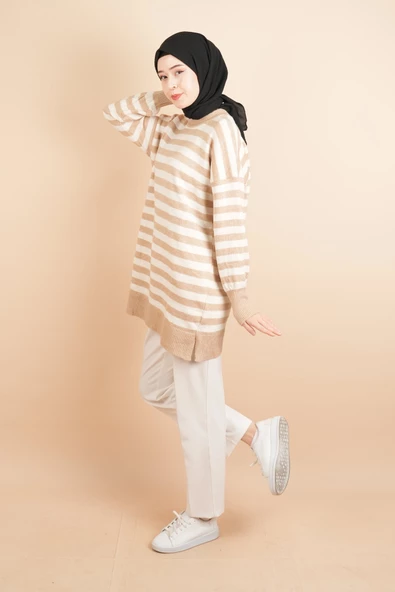Bayan Tesettür Kazak Çizgili Yumoş Kazak Açık Kahverengi - 3