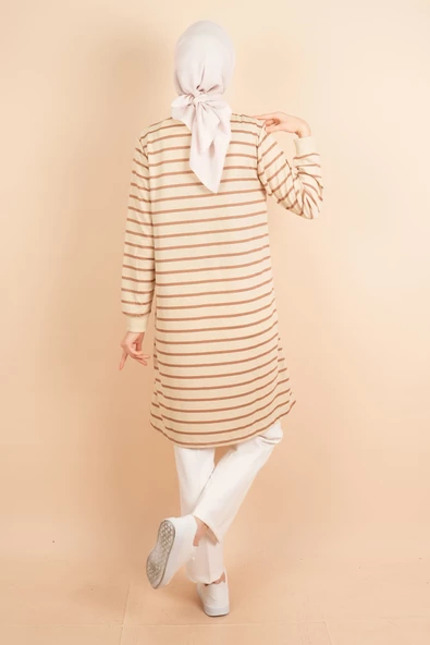 Yarım Fermuarlı Sweat Uzun Tesettür Çizgili Sweat Açık Kahve - 3