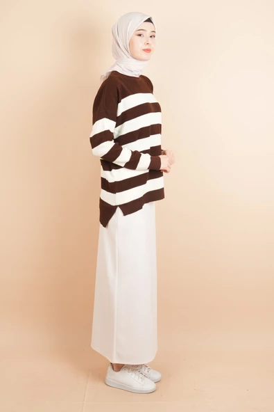 Bayan Tesettür Çizgili Prinç Örgü Kazak Koyu Kahverengi - 3
