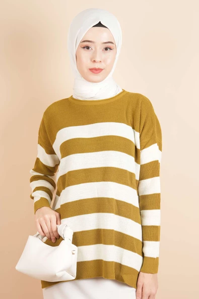 Bayan Tesettür Çizgili Prinç Örgü Kazak Yağ Yeşili