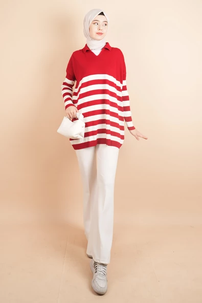 V Yakalı Üst Gömlek Yaka Çizgili Basic Tunik Kazak Kırmızı - 2