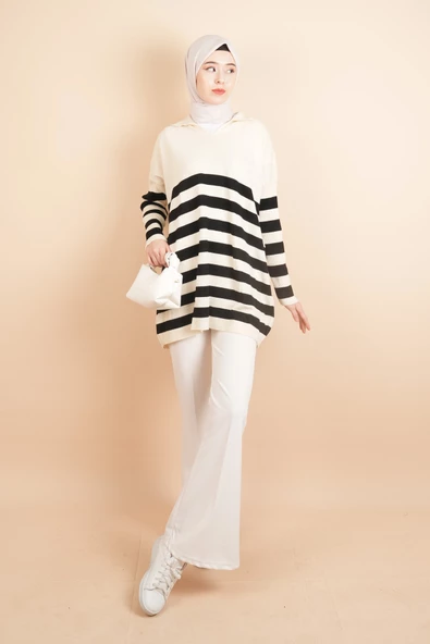 V Yakalı Üst Gömlek Yaka Çizgili Basic Tunik Kazak Bej - 2