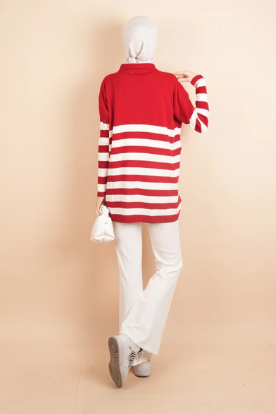 V Yakalı Üst Gömlek Yaka Çizgili Basic Tunik Kazak Kırmızı - 4
