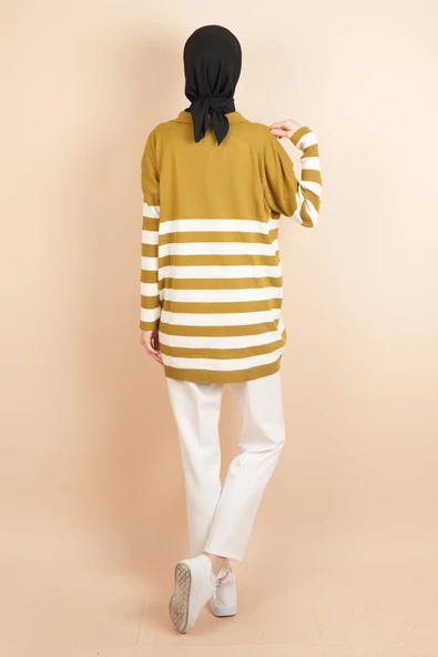 V Yakalı Üst Gömlek Yaka Çizgili Basic Tunik Kazak Yağ Yeşili - 4