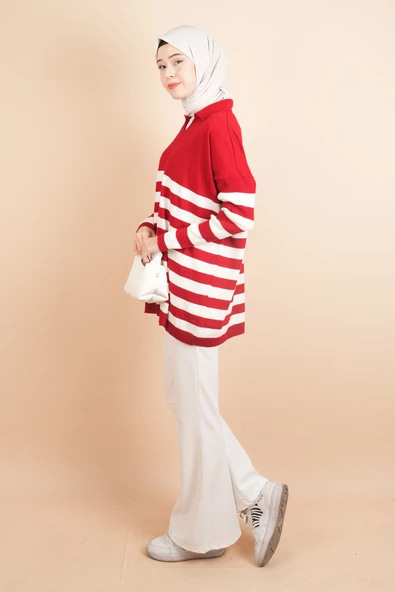 V Yakalı Üst Gömlek Yaka Çizgili Basic Tunik Kazak Kırmızı - 3