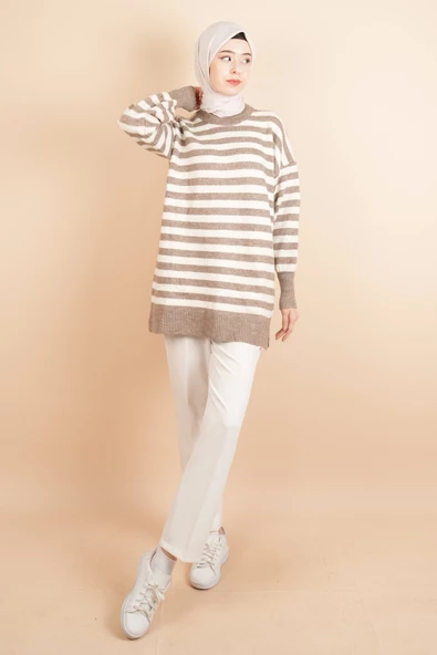 Bayan Tesettür Kazak Çizgili Yumoş Kazak Kahverengi - 2