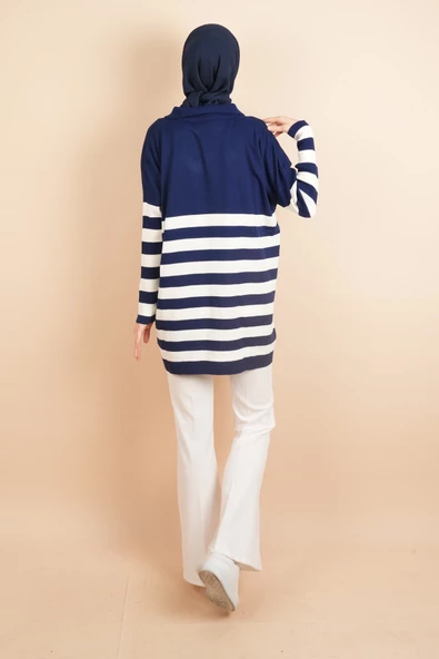 V Yakalı Üst Gömlek Yaka Çizgili Basic Tunik Kazak Lacivert - 4