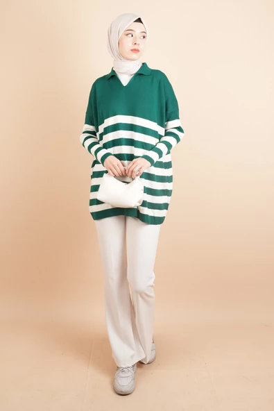 V Yakalı Üst Gömlek Yaka Çizgili Basic Tunik Kazak Zümrüt - 2