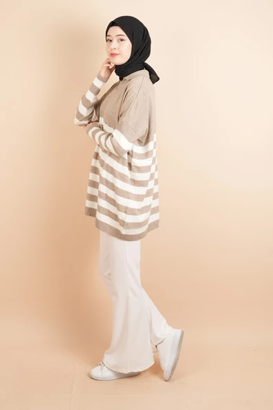 V Yakalı Üst Gömlek Yaka Çizgili Basic Tunik Kazak Açık Kahverengi - 3