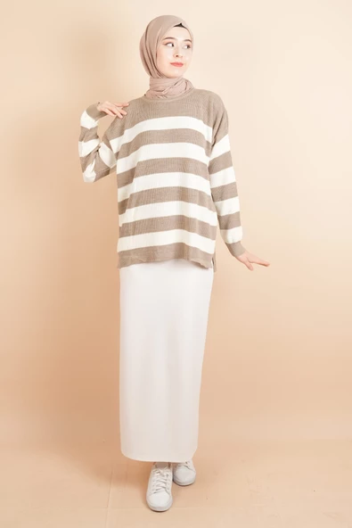 Bayan Tesettür Çizgili Prinç Örgü Kazak Açık Kahverengi - 2