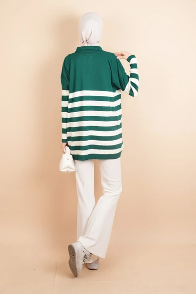 V Yakalı Üst Gömlek Yaka Çizgili Basic Tunik Kazak Zümrüt - 4