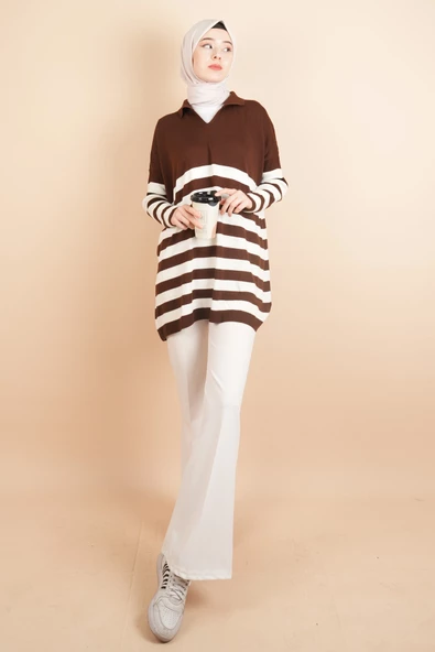 V Yakalı Üst Gömlek Yaka Çizgili Basic Tunik Kazak Koyu Kahverengi - 2