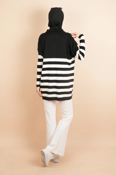 V Yakalı Üst Gömlek Yaka Çizgili Basic Tunik Kazak Siyah - 4