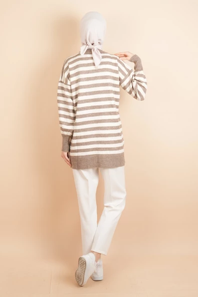 Bayan Tesettür Kazak Çizgili Yumoş Kazak Kahverengi - 4