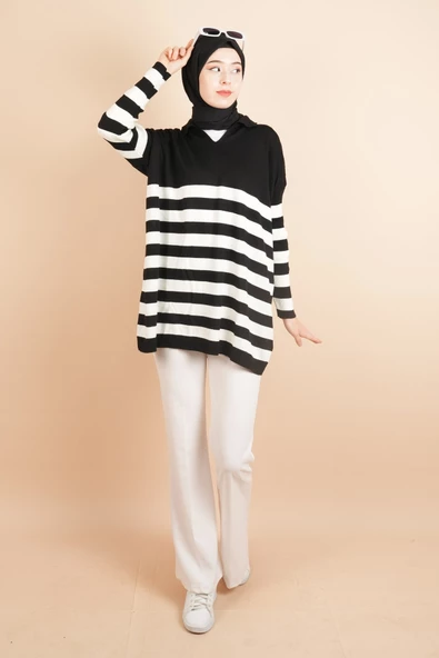 V Yakalı Üst Gömlek Yaka Çizgili Basic Tunik Kazak Siyah - 2