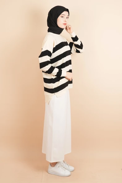 Bayan Tesettür Çizgili Prinç Örgü Kazak Bej - 3