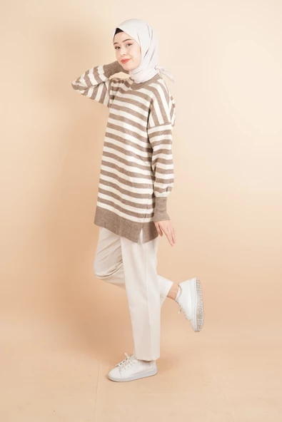 Bayan Tesettür Kazak Çizgili Yumoş Kazak Kahverengi - 3