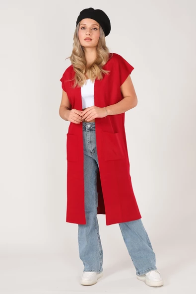 Kadın Cep Detaylı Triko Yelek Kırmızı
