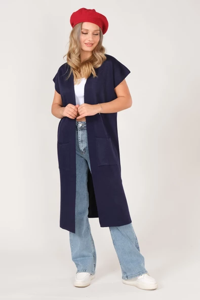 Kadın Cep Detaylı Triko Yelek Lacivert - 2