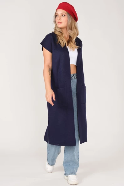 Kadın Cep Detaylı Triko Yelek Lacivert - 4