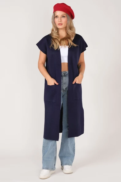 Kadın Cep Detaylı Triko Yelek Lacivert - 3