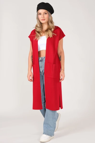 Kadın Cep Detaylı Triko Yelek Kırmızı - 3