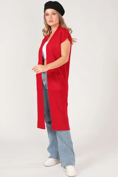 Kadın Cep Detaylı Triko Yelek Kırmızı - 4