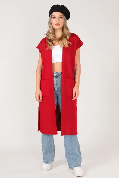 Kadın Cep Detaylı Triko Yelek Kırmızı - 2