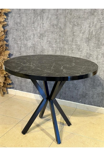 Yuvarlak Yemek Masası Mutfak Masası 90 cm SİYAH MERMER - 3