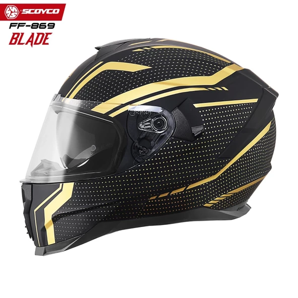 SCOYCO FF-869 BLADE MAT SİYAH-GOLD GÜNEŞ VİZÖRLÜ KAPALI KASK - Resim 2
