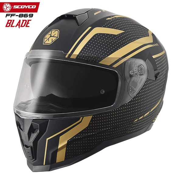 SCOYCO FF-869 BLADE MAT SİYAH-GOLD GÜNEŞ VİZÖRLÜ KAPALI KASK